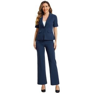 Short Sleeve Blazer Jackets Wide Leg Pants Casual 2 Piece Outfits Dark Blue